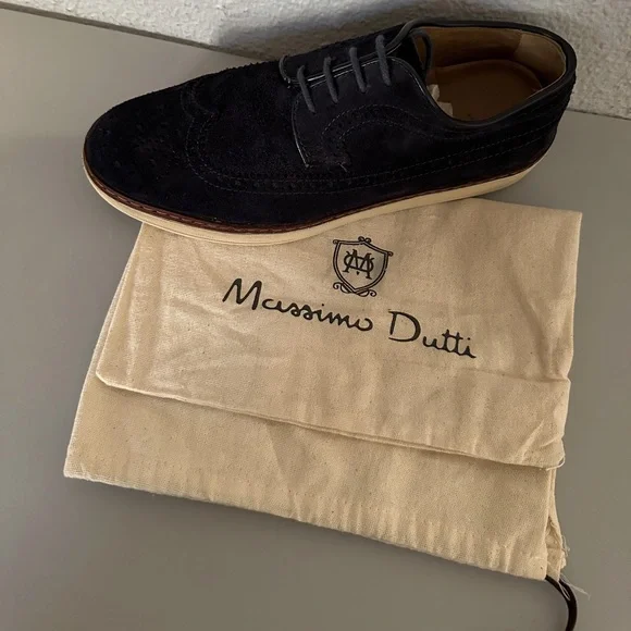 Men's MASSIMO DUTTI Suede Wingtip Oxford Shoes Lace-Up Perforated Loafer‎ Navy